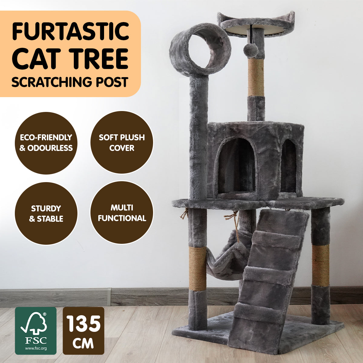 Furtastic 135cm Cat Tree Scratching Post - Dark Grey-Cat Trees-PEROZ Accessories
