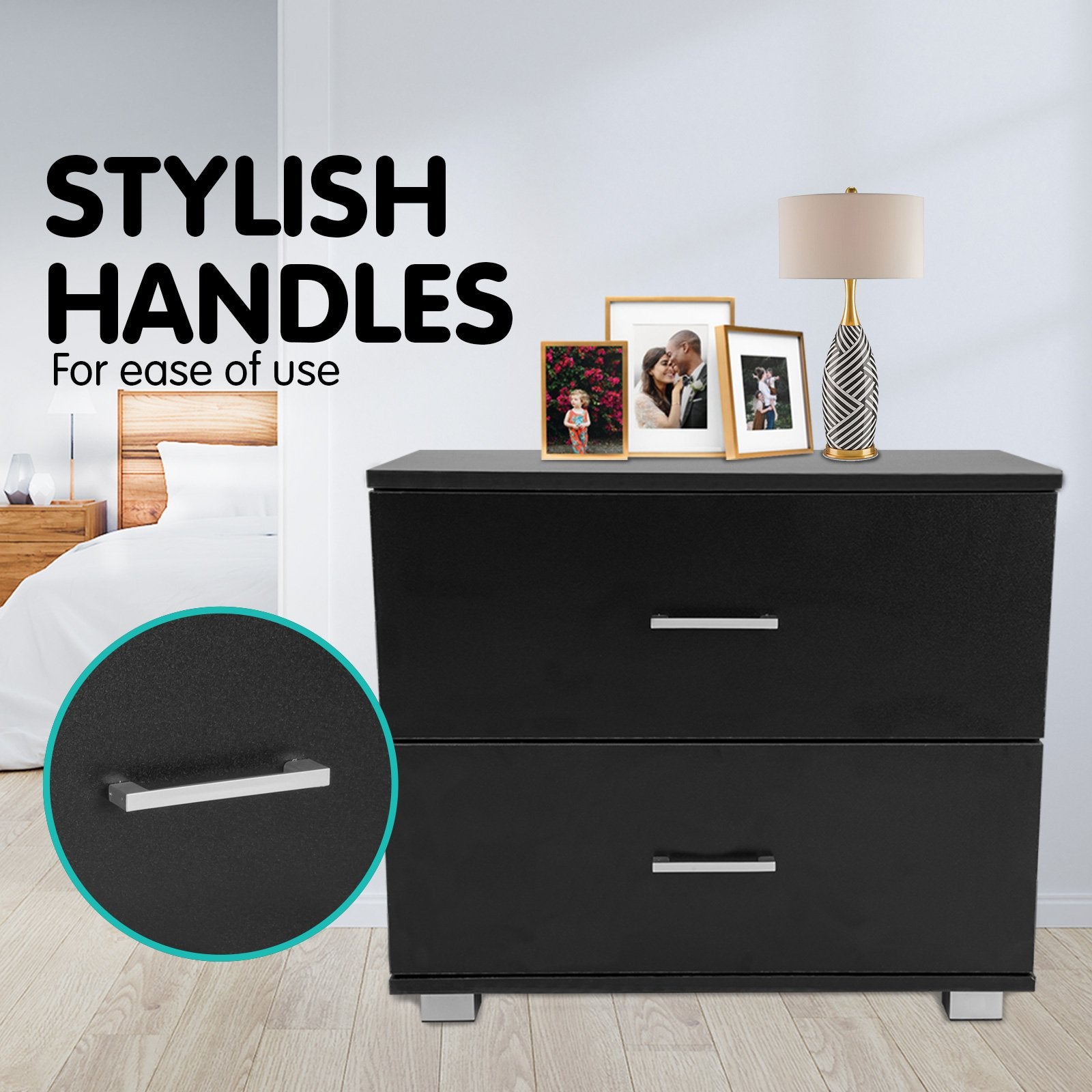 Sarantino Bedside Table Cabinet Storage Chest 2 Drawers Lamp Side Nightstand - Black-Furniture > Bedroom-PEROZ Accessories