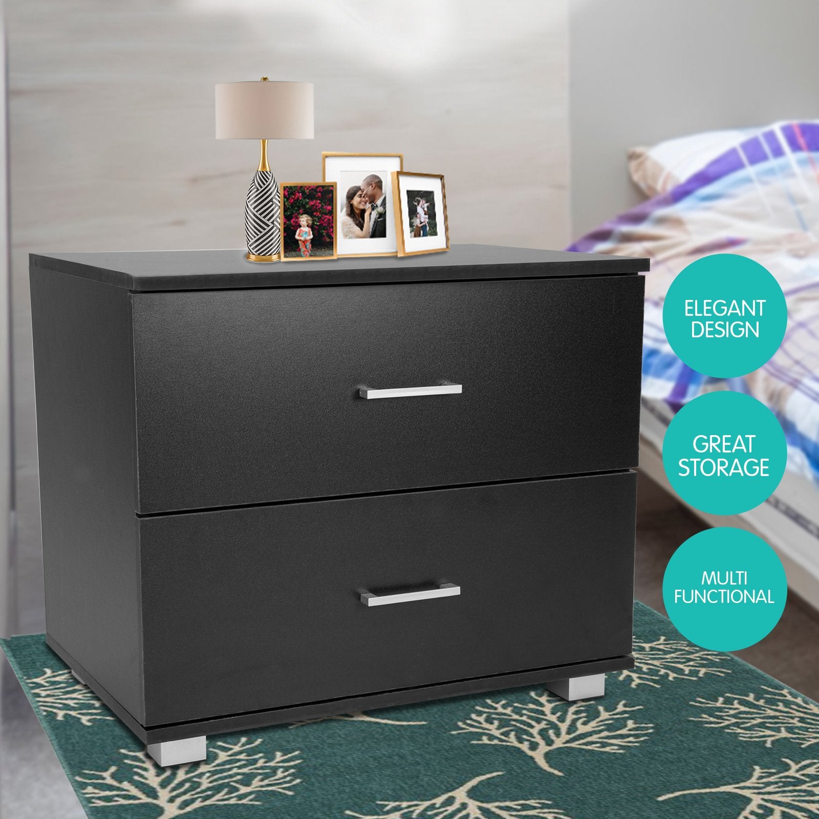 Sarantino Bedside Table Cabinet Storage Chest 2 Drawers Lamp Side Nightstand - Black-Furniture > Bedroom-PEROZ Accessories