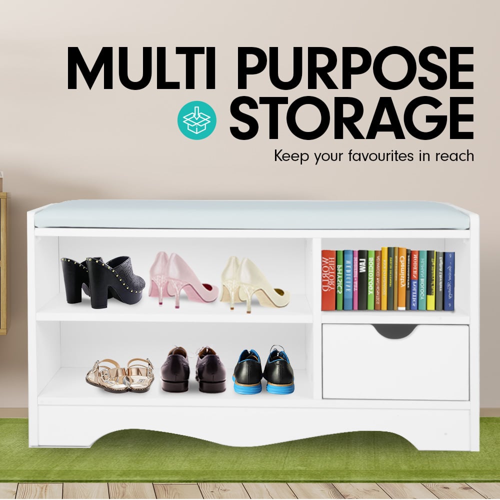 Sarantino Shoe Rack Cabinet Organiser Grey Cushion Stool Bench - 80 X 30 X 45 - White-Furniture > Living Room-PEROZ Accessories