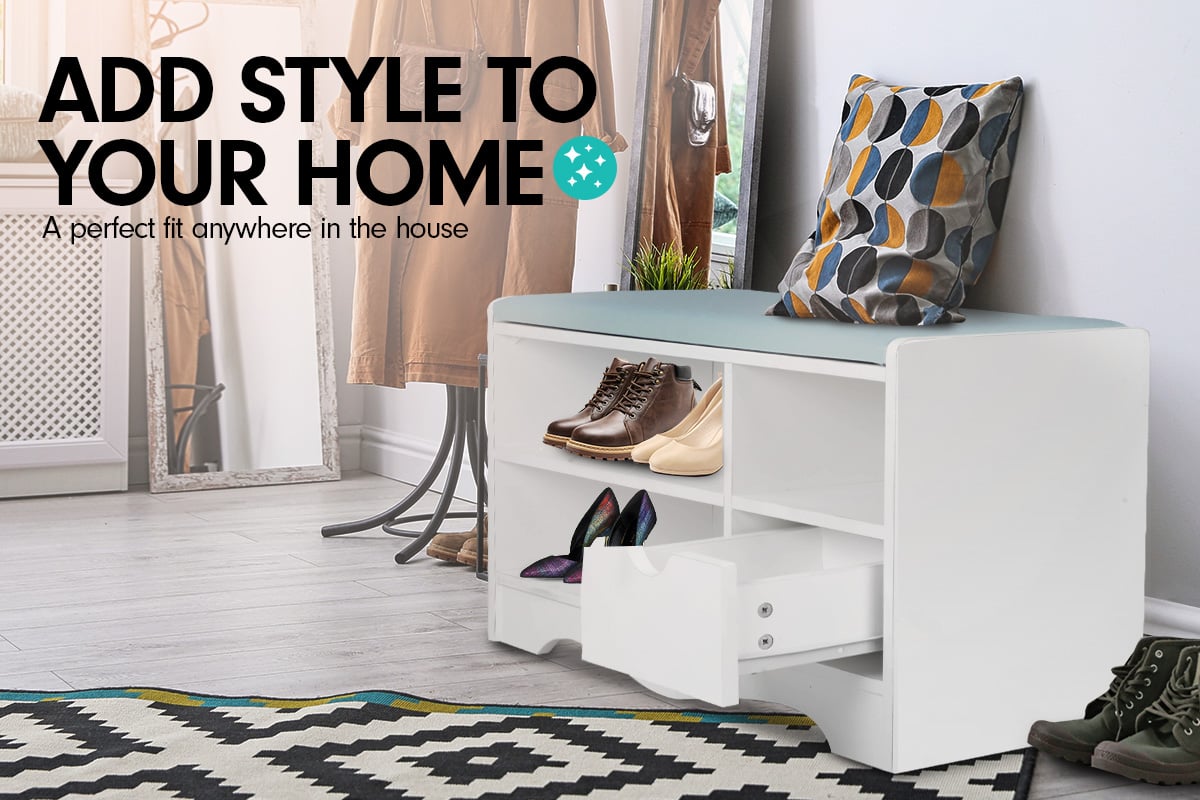 Sarantino Shoe Rack Cabinet Organiser Grey Cushion Stool Bench - 80 X 30 X 45 - White-Furniture > Living Room-PEROZ Accessories
