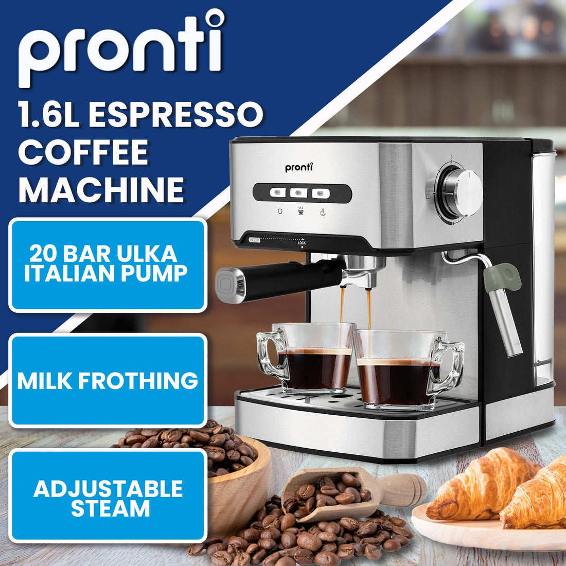 Pronti 1.6L Automatic Coffee Espresso Machine with Steam Frother-Appliances &gt; Kitchen Appliances-PEROZ Accessories