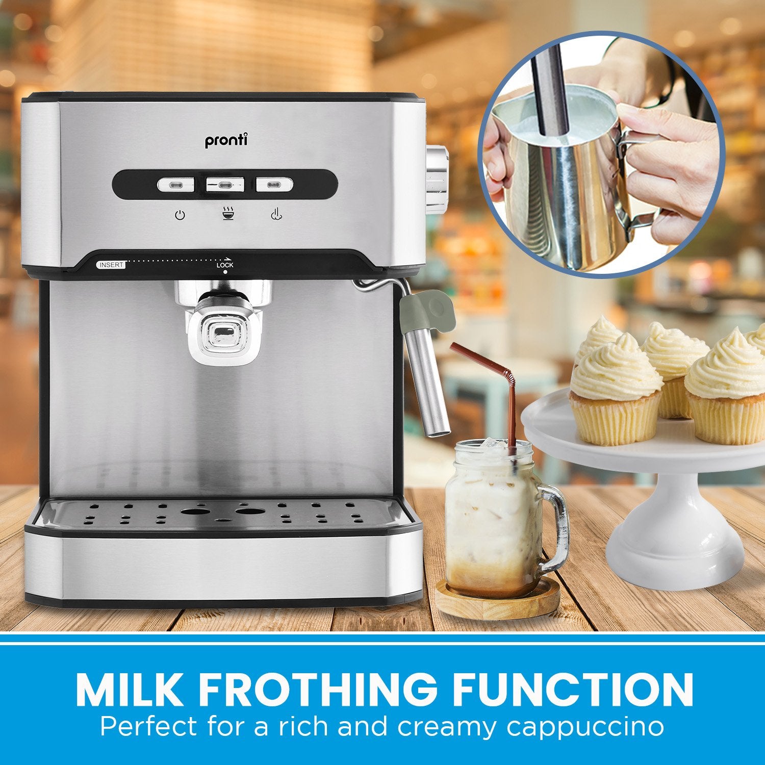 Pronti 1.6L Automatic Coffee Espresso Machine with Steam Frother-Appliances > Kitchen Appliances-PEROZ Accessories