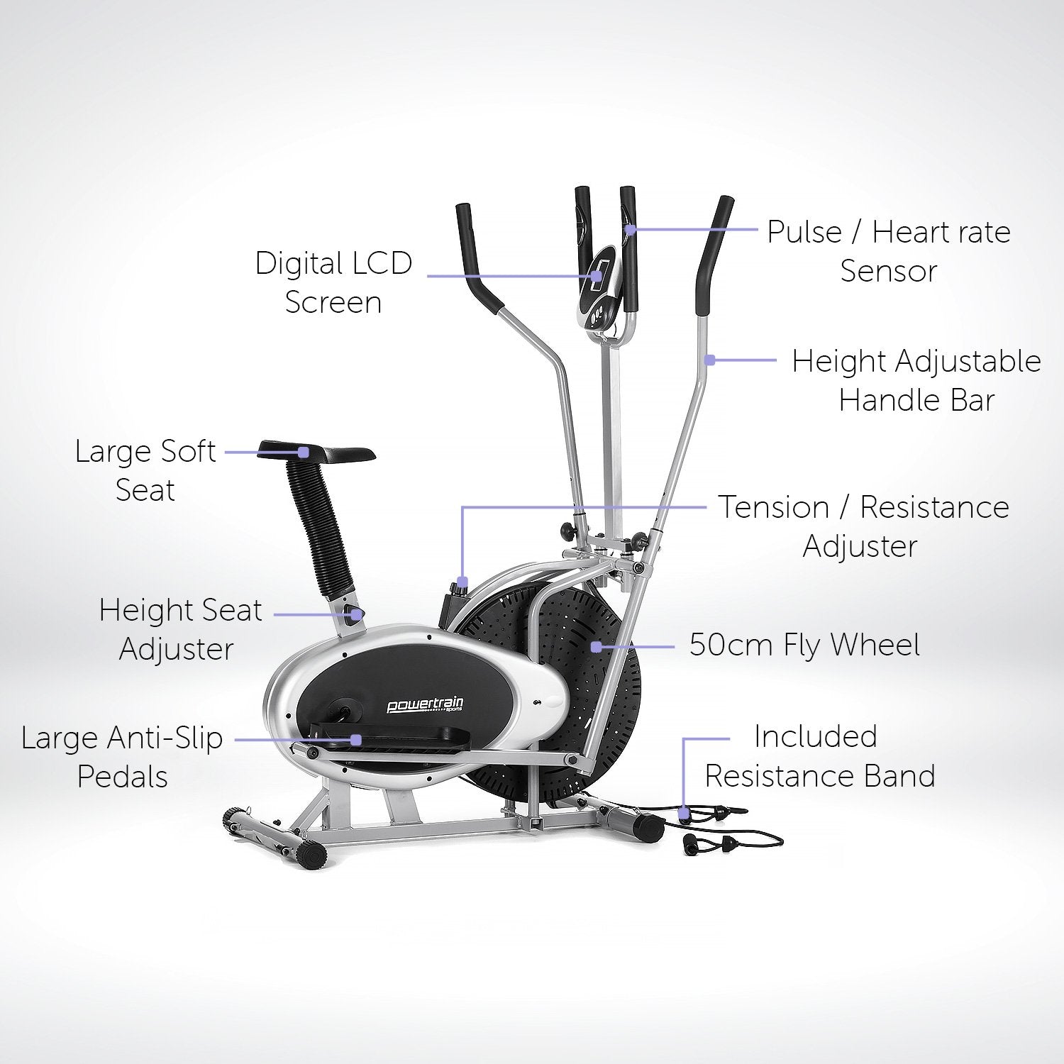 Powertrain 3-in-1 Elliptical Cross Trainer Exercise Bike with Resistance Bands-Sports & Fitness > Bikes & Accessories-PEROZ Accessories