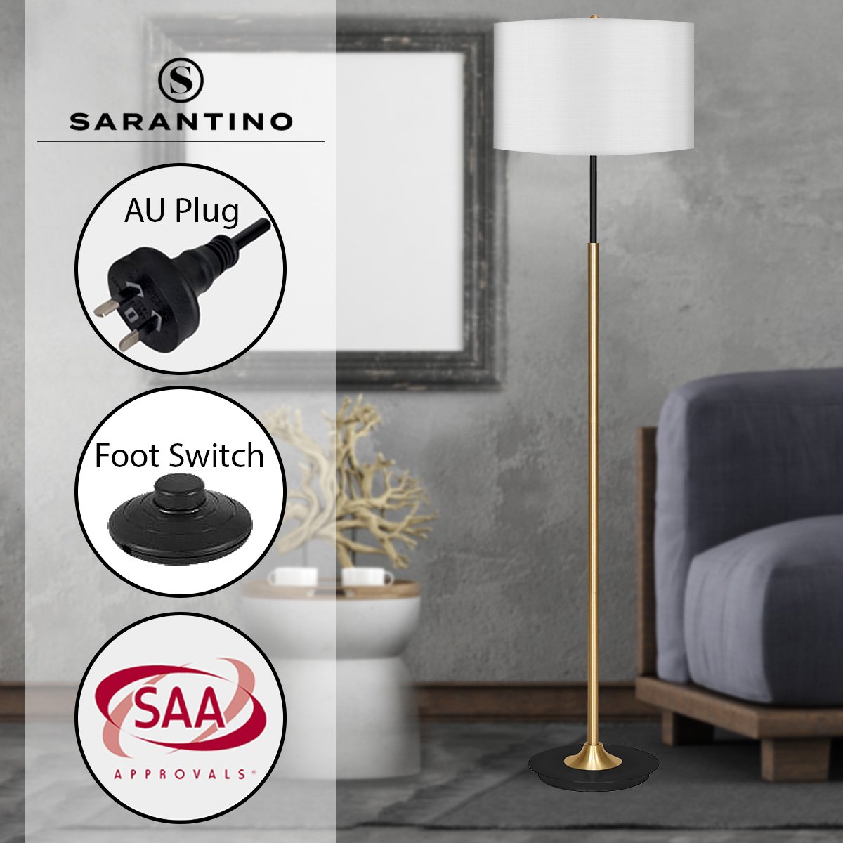 Sarantino Metal Floor Lamp Brushed Brass Finish with White Shade-Home & Garden > Lighting-PEROZ Accessories