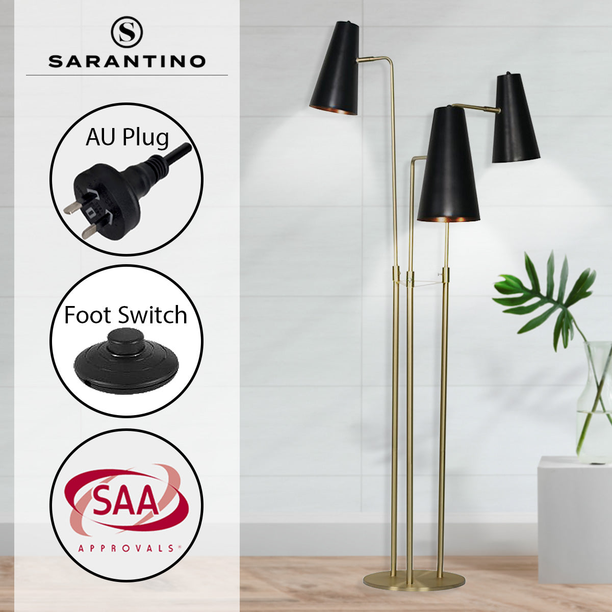 Sarantino Three Metal Shade Floor Lamp-Home & Garden > Lighting-PEROZ Accessories