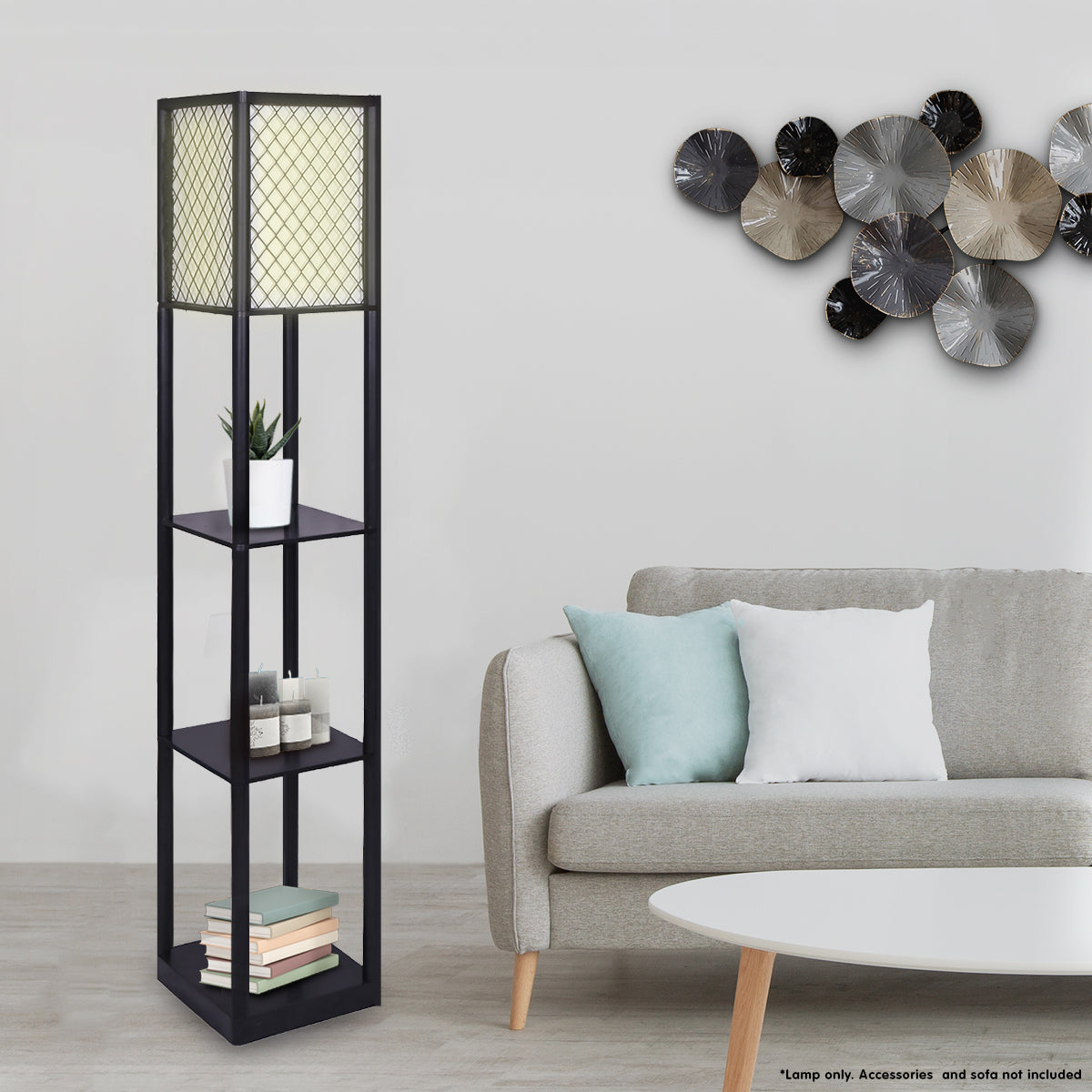Sarantino Etagere Floor Lamp Diamond Look Fabric Shade Shelves Black-Home & Garden > Lighting-PEROZ Accessories