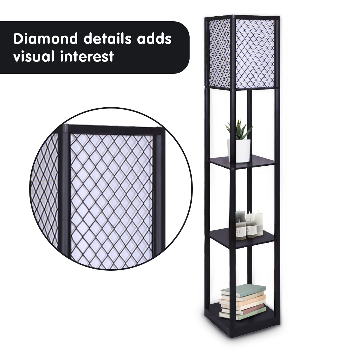Sarantino Etagere Floor Lamp Diamond Look Fabric Shade Shelves Black-Home & Garden > Lighting-PEROZ Accessories