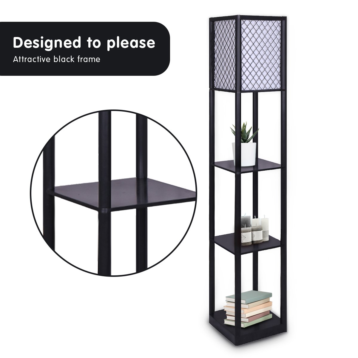 Sarantino Etagere Floor Lamp Diamond Look Fabric Shade Shelves Black-Home & Garden > Lighting-PEROZ Accessories