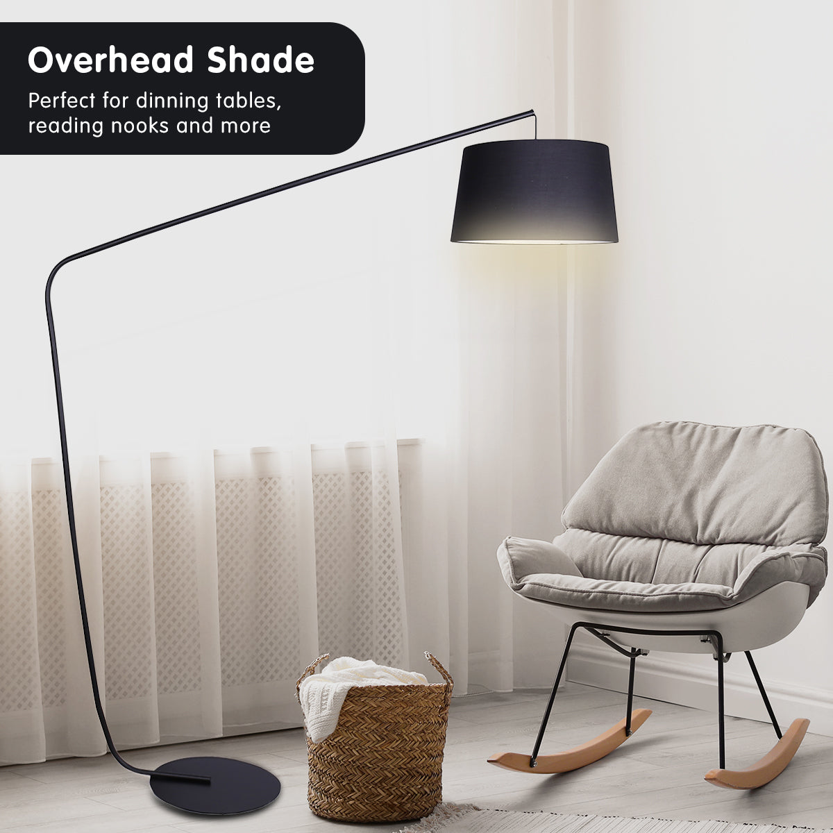 Sarantino Metal Arc Floor Lamp in Black Finish with Linen Taper Shade-Home & Garden > Lighting-PEROZ Accessories