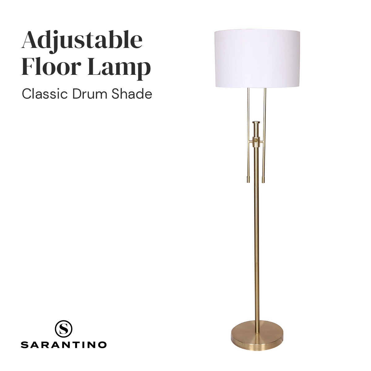 Sarantino Brushed Gold Height-Adjustable Metal Floor Lamp-Home & Garden > Lighting-PEROZ Accessories