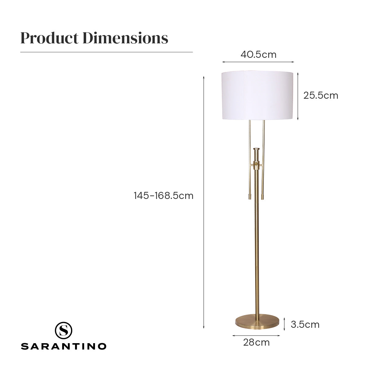 Sarantino Brushed Gold Height-Adjustable Metal Floor Lamp-Home & Garden > Lighting-PEROZ Accessories