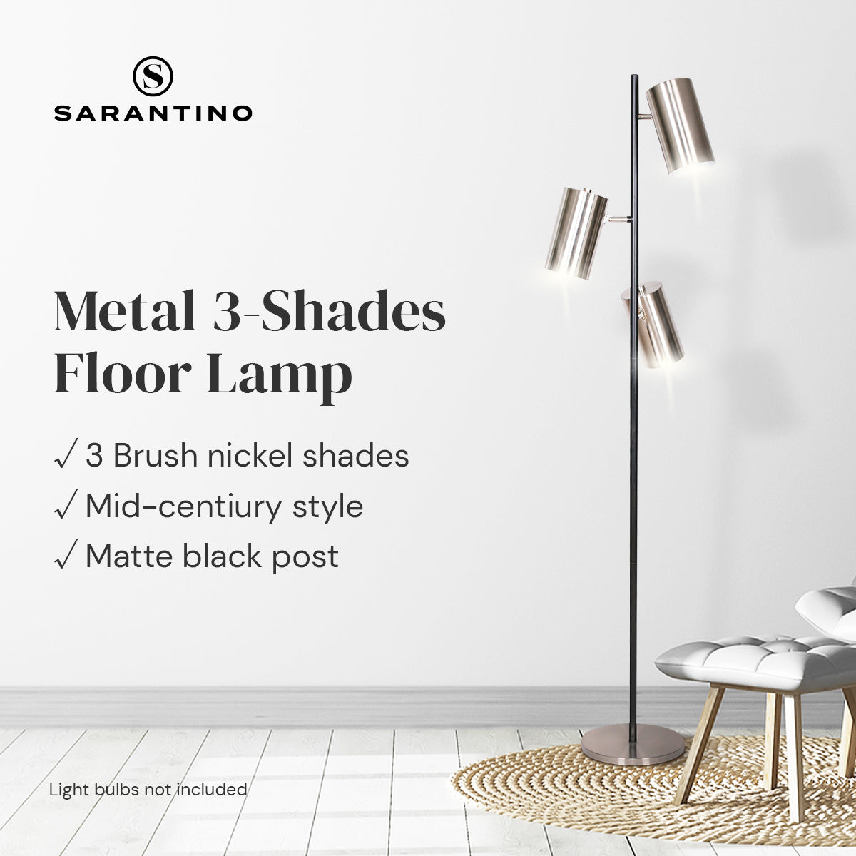 Sarantino 3-Shade Metal Floor Lamp Nickel & Matte Black Finish-Home & Garden > Lighting-PEROZ Accessories