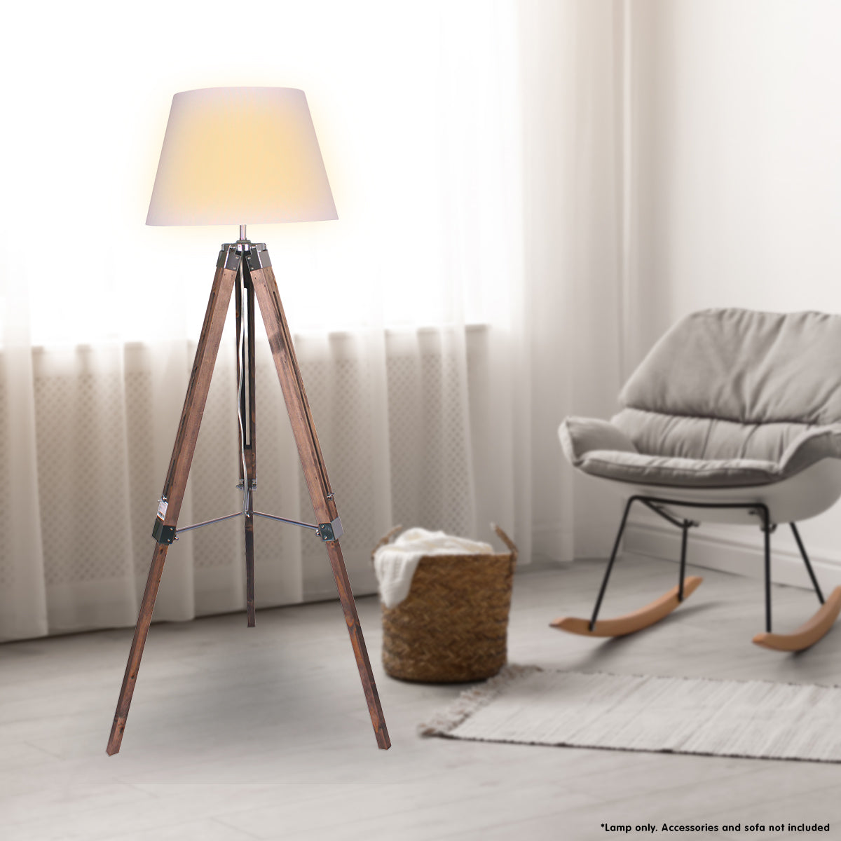 Sarantino Solid Wood Tripod Floor Lamp Adjustable Height White Shade-Home & Garden > Lighting-PEROZ Accessories