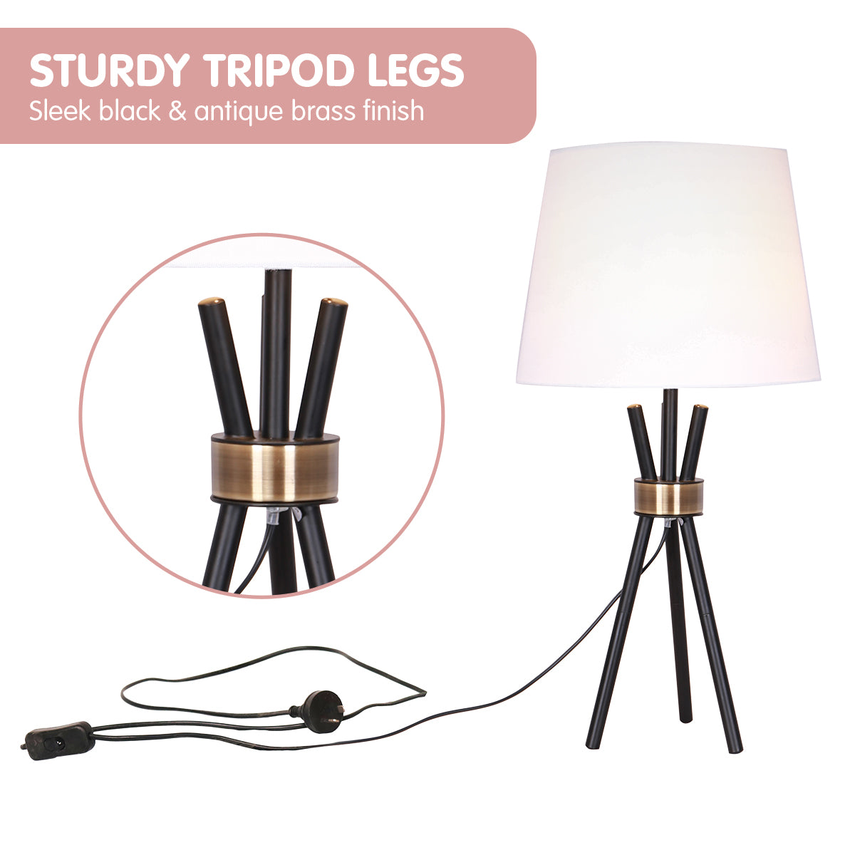 Sarantino Metal Tripod Table Lamp with Antique Brass Accent-Home & Garden > Lighting-PEROZ Accessories