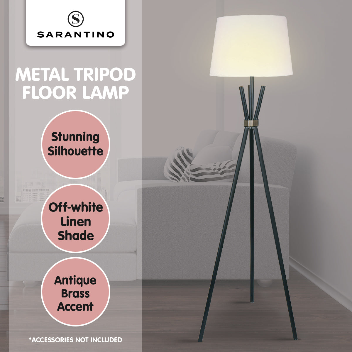 Sarantino Tripod Floor Lamp in Metal and Antique Brass-Home & Garden > Lighting-PEROZ Accessories
