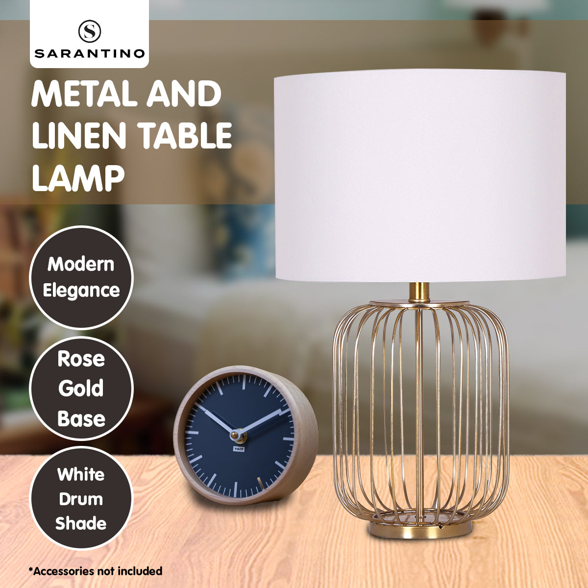 Sarantino Rose Gold Table Lamp with Linen Drum Shade-Home & Garden > Lighting-PEROZ Accessories