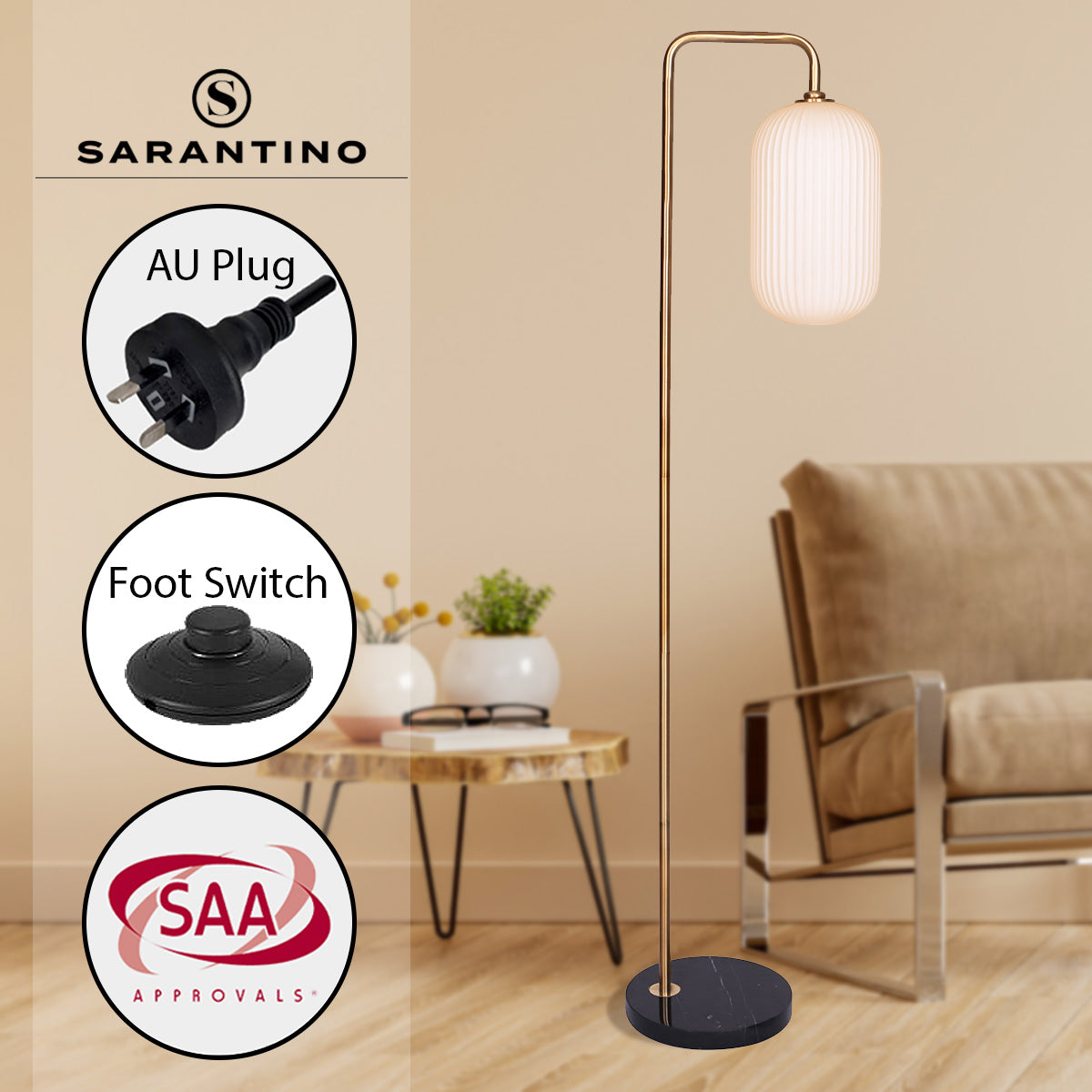 Sarantino Metal Floor Lamp With Opal Glass Shade-Home & Garden > Lighting-PEROZ Accessories