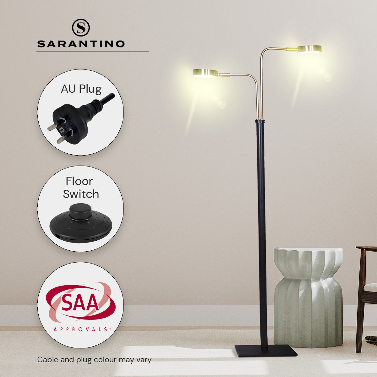 Sarantino LED Metal Floor Lamp with 2 Lights in Brushed Gold and Black Finish-Home & Garden > Lighting-PEROZ Accessories