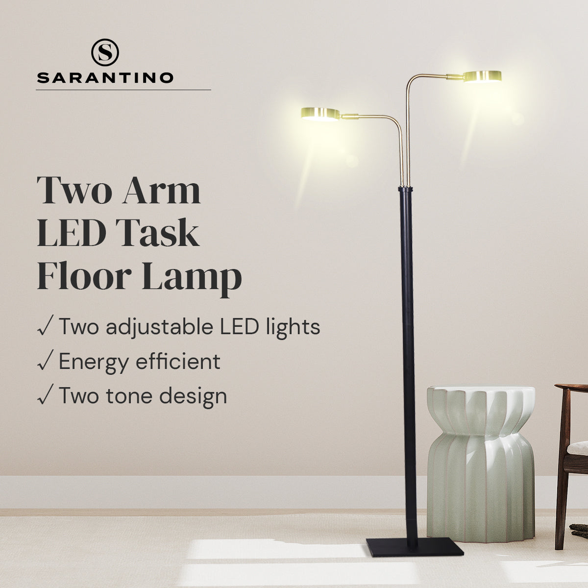 Sarantino LED Metal Floor Lamp with 2 Lights in Brushed Gold and Black Finish-Home & Garden > Lighting-PEROZ Accessories