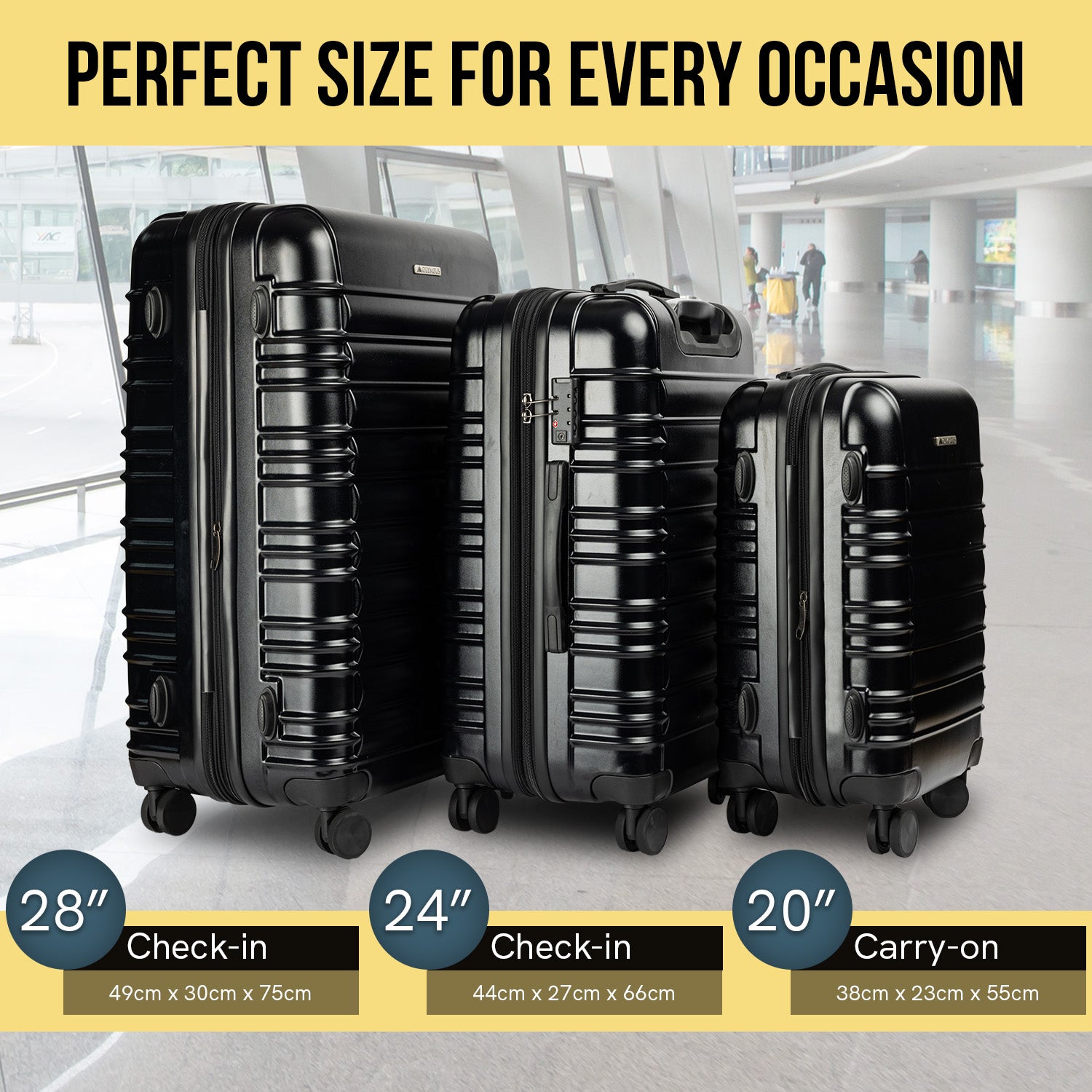 Olympus Noctis 3PC Luggage Set Hard Shell ABS+PC - Stygian Black-Home & Garden-PEROZ Accessories
