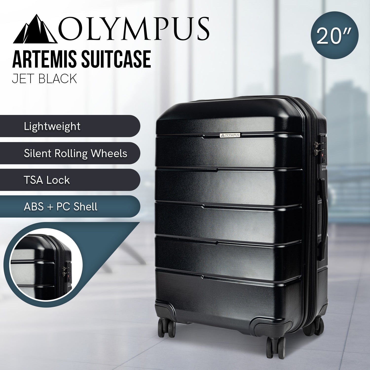 Olympus Artemis 20in Hard Shell Suitcase ABS+PC Jet Black-Home & Garden-PEROZ Accessories