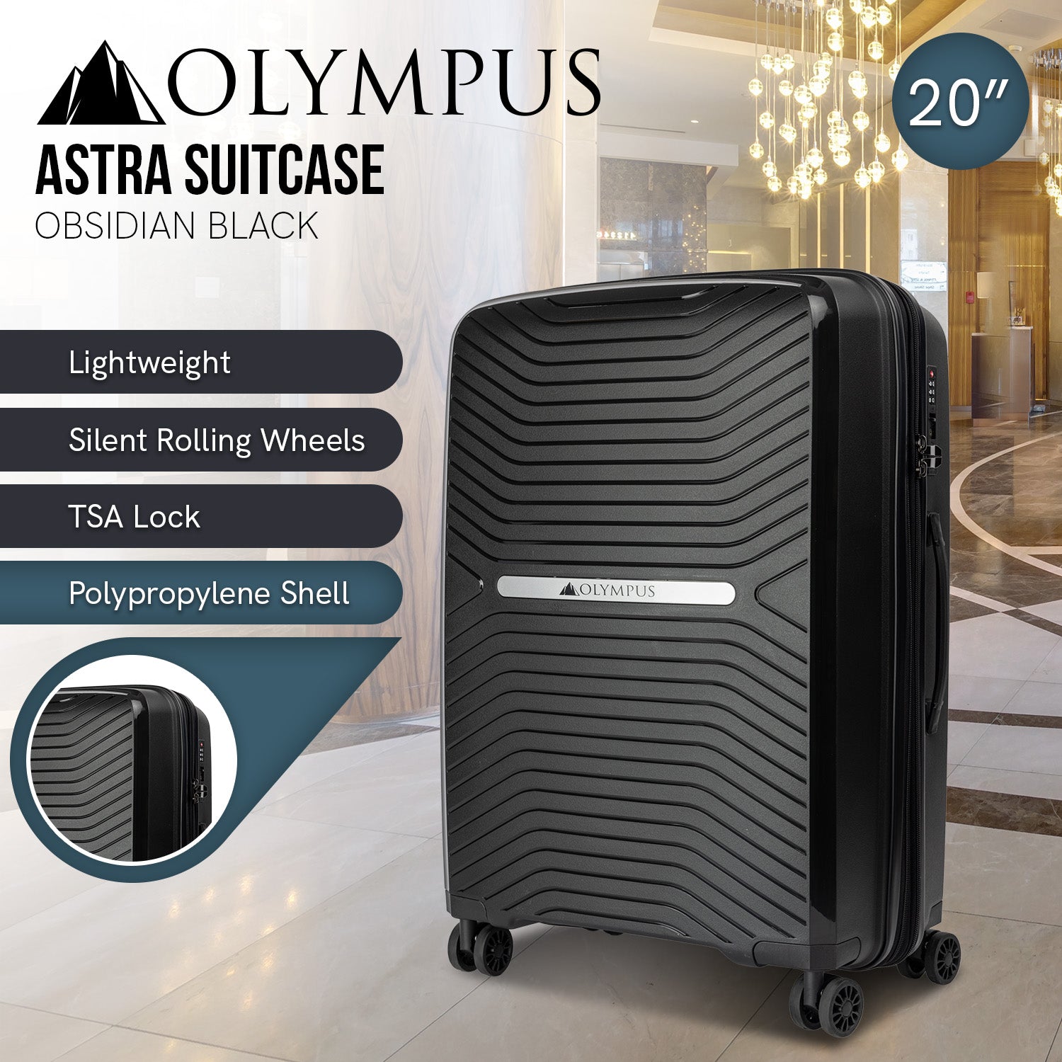 Olympus Astra 20in Hard Shell Suitcase - Obsidian Black-Home & Garden-PEROZ Accessories