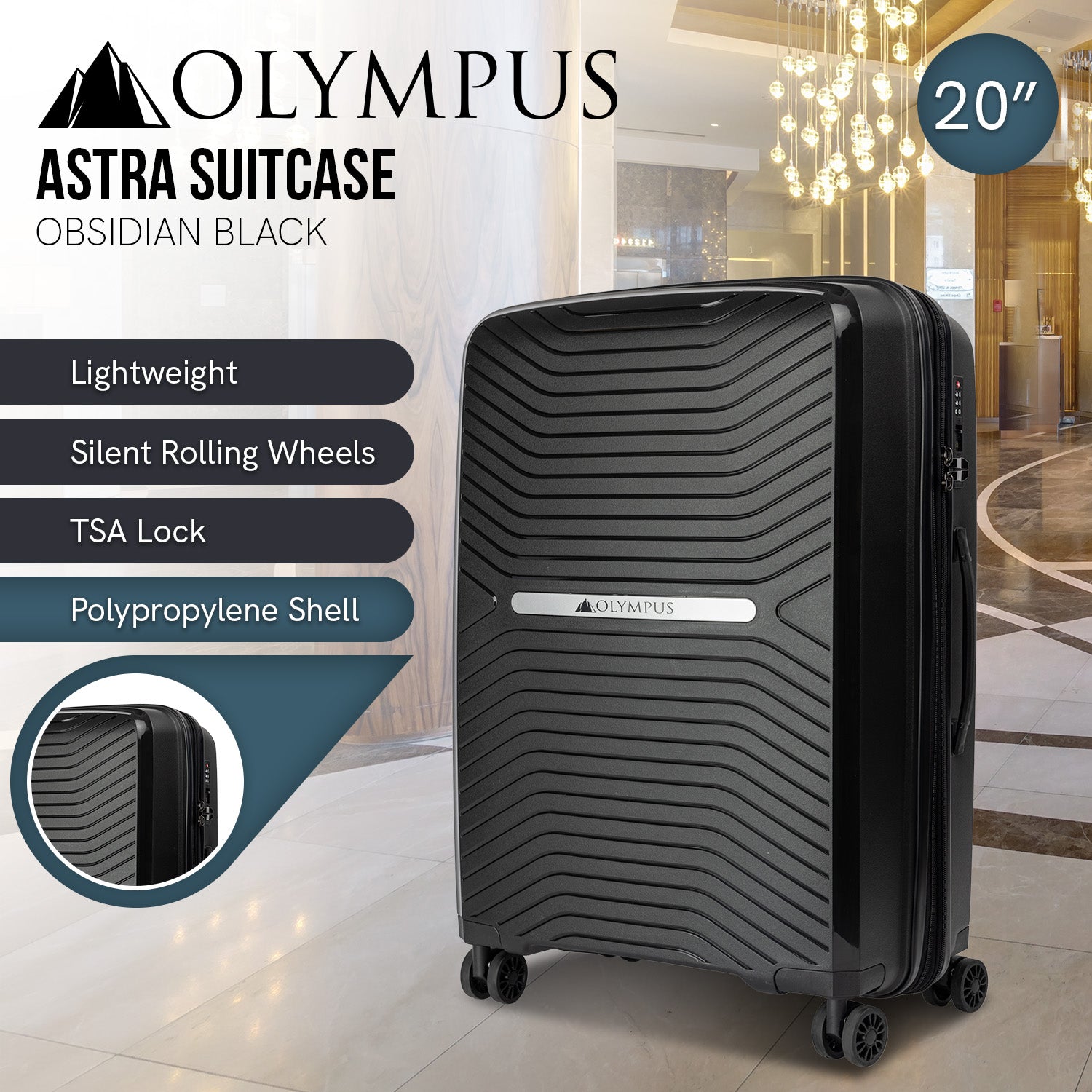 Olympus Astra 20in Hard Shell Suitcase - Obsidian Black-Home &amp; Garden-PEROZ Accessories