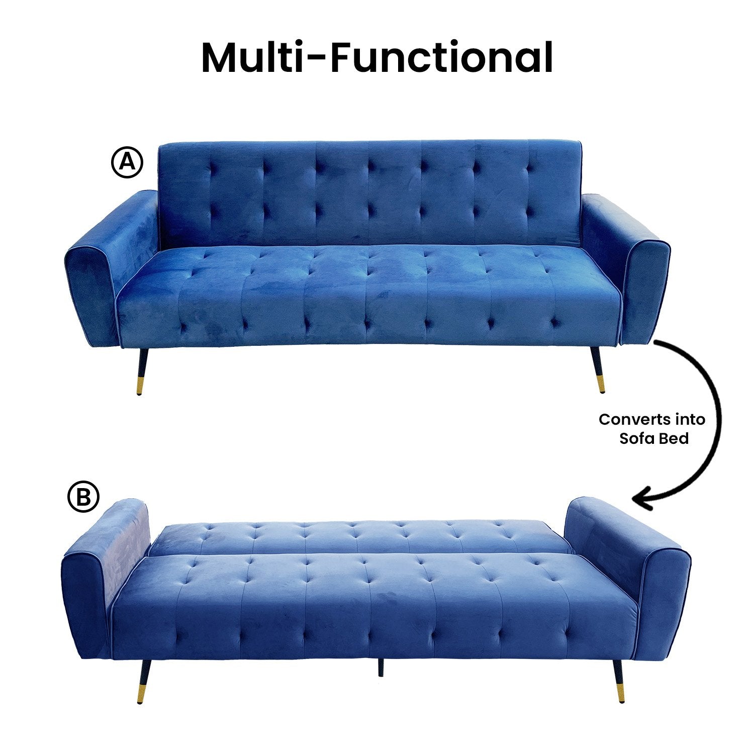 Sarantino Ava 3-seater Tufted Velvet Sofa Bed By Sarantino - Blue-Furniture > Sofas-PEROZ Accessories