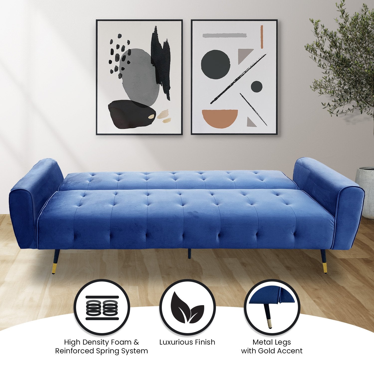 Sarantino Ava 3-seater Tufted Velvet Sofa Bed By Sarantino - Blue-Furniture > Sofas-PEROZ Accessories