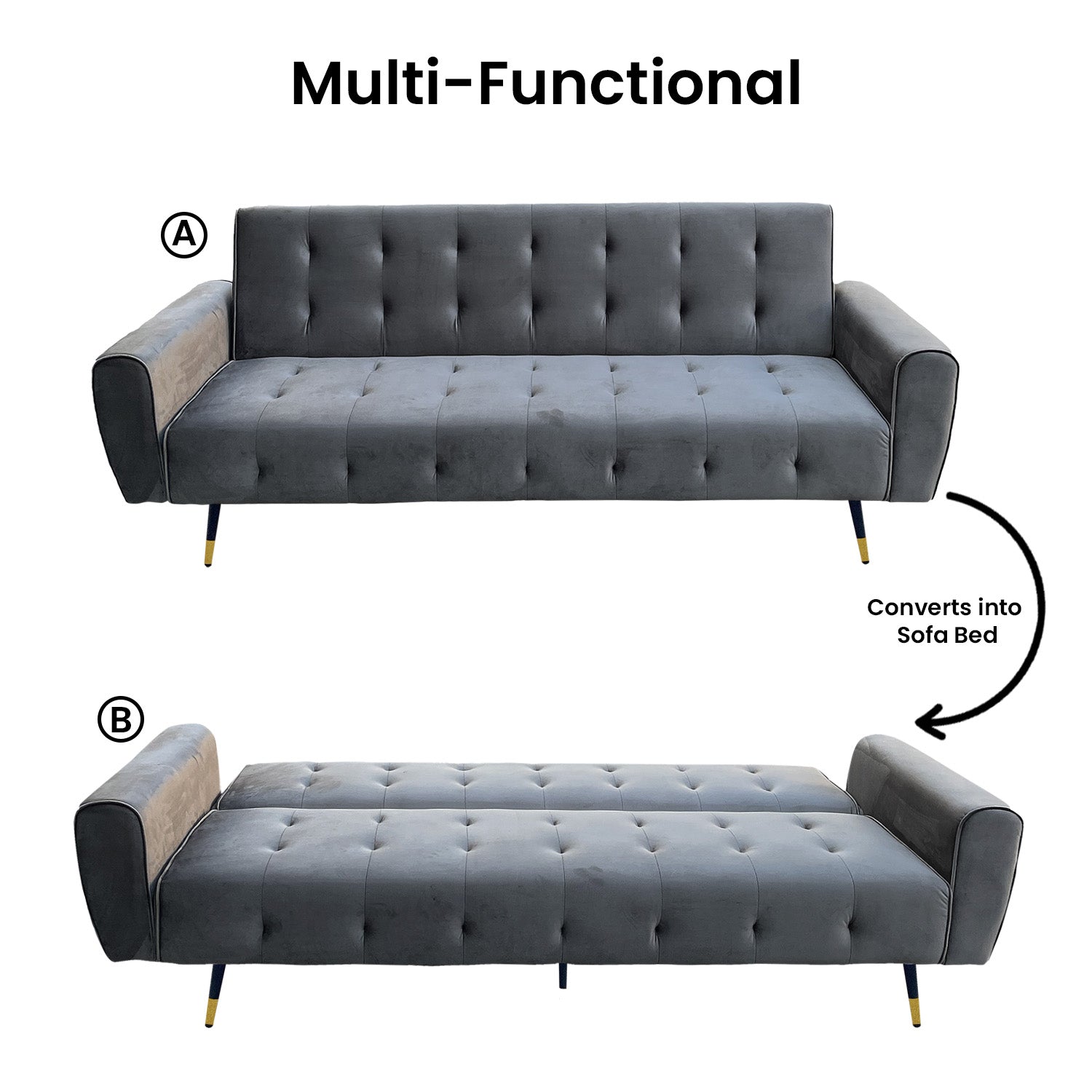 Sarantino Ava 3-seater Tufted Velvet Sofa Bed By Sarantino - Dark Grey-Furniture > Sofas-PEROZ Accessories