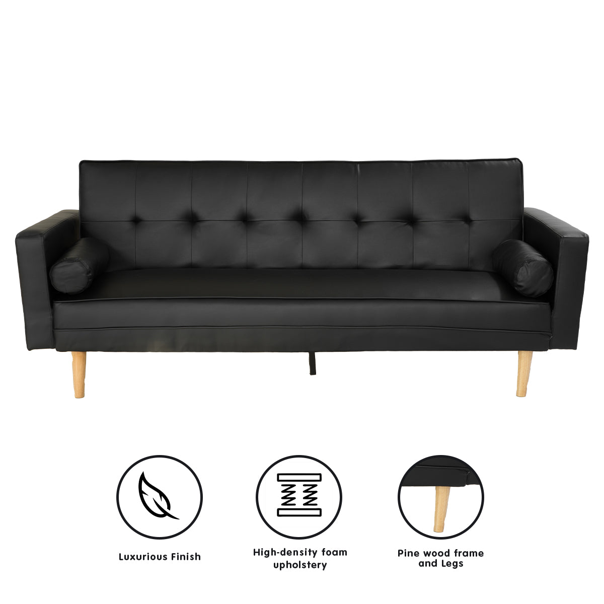 Sarantino Madison Faux Leather Sofa Bed Lounge Couch Futon Furniture Home Suite - Black-Furniture > Sofas-PEROZ Accessories