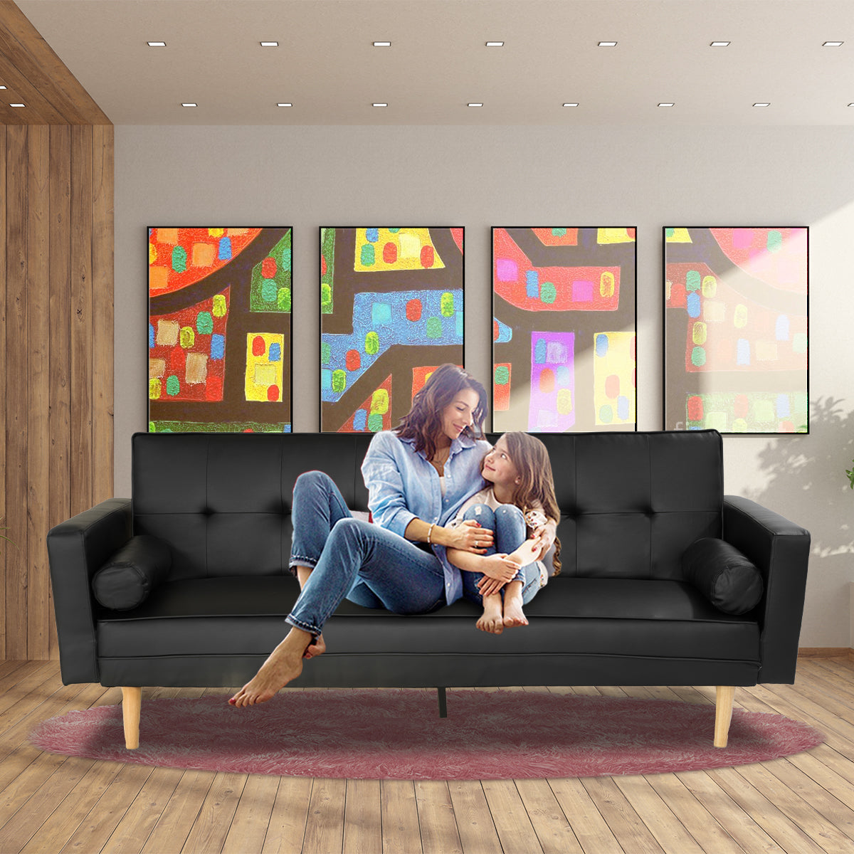 Sarantino Madison Faux Leather Sofa Bed Lounge Couch Futon Furniture Home Suite - Black-Furniture > Sofas-PEROZ Accessories