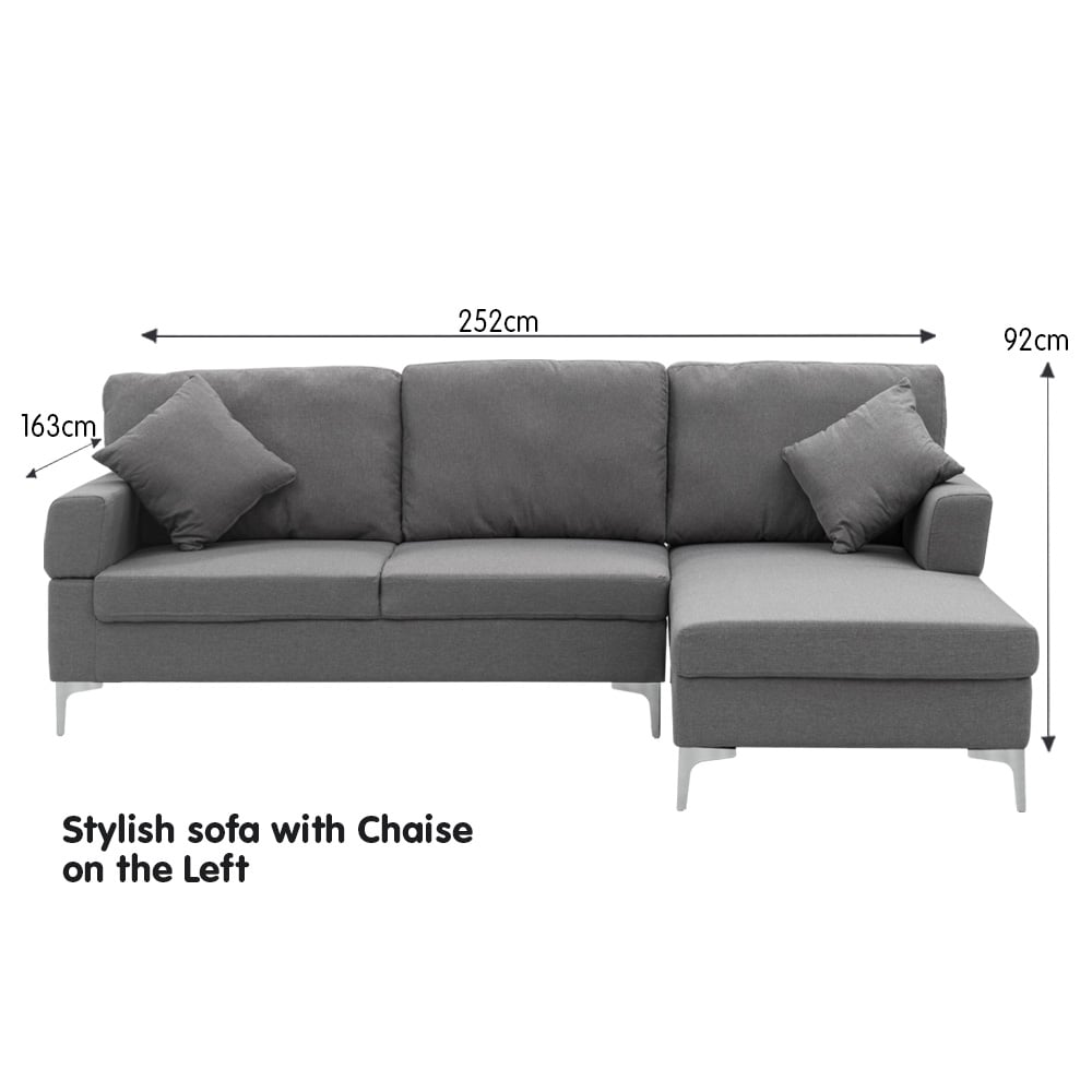 Sarantino 3 Seater Linen Sofa Lounge Left Side Chaise Couch Furniture Dark Grey L-shaped-Furniture > Sofas-PEROZ Accessories