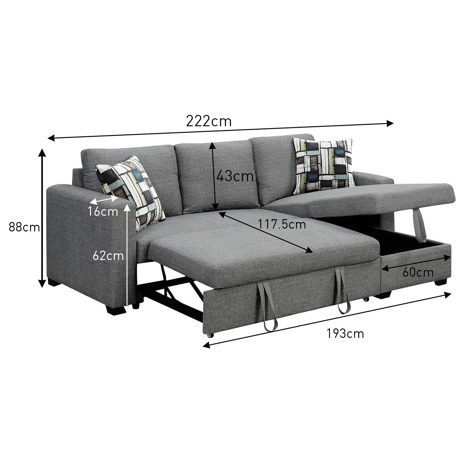 Sarantino Fontana Pullout Sofa Bed with Storage Chaise Lounge - Grey-Furniture > Sofas-PEROZ Accessories