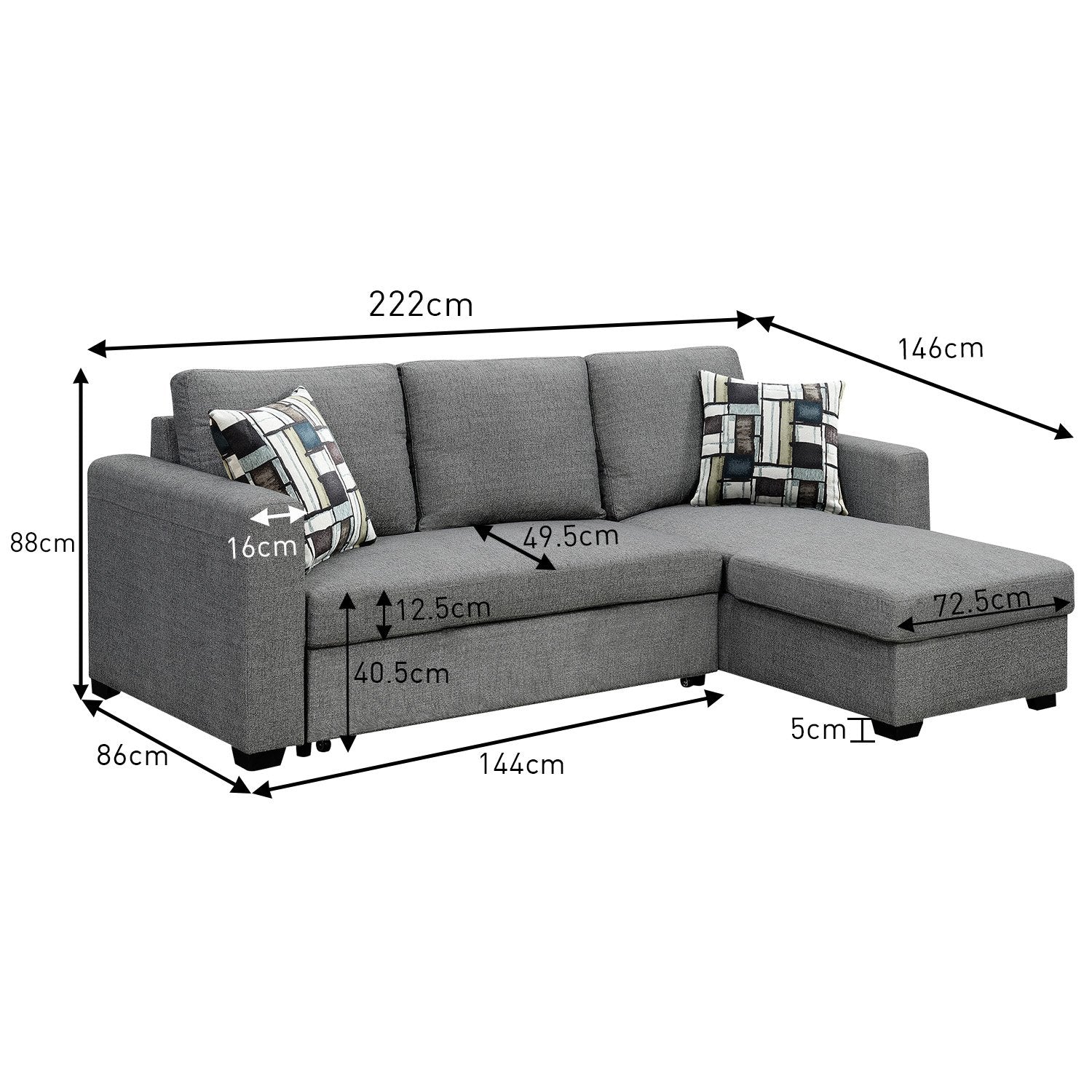 Sarantino Fontana Pullout Sofa Bed with Storage Chaise Lounge - Grey-Furniture > Sofas-PEROZ Accessories
