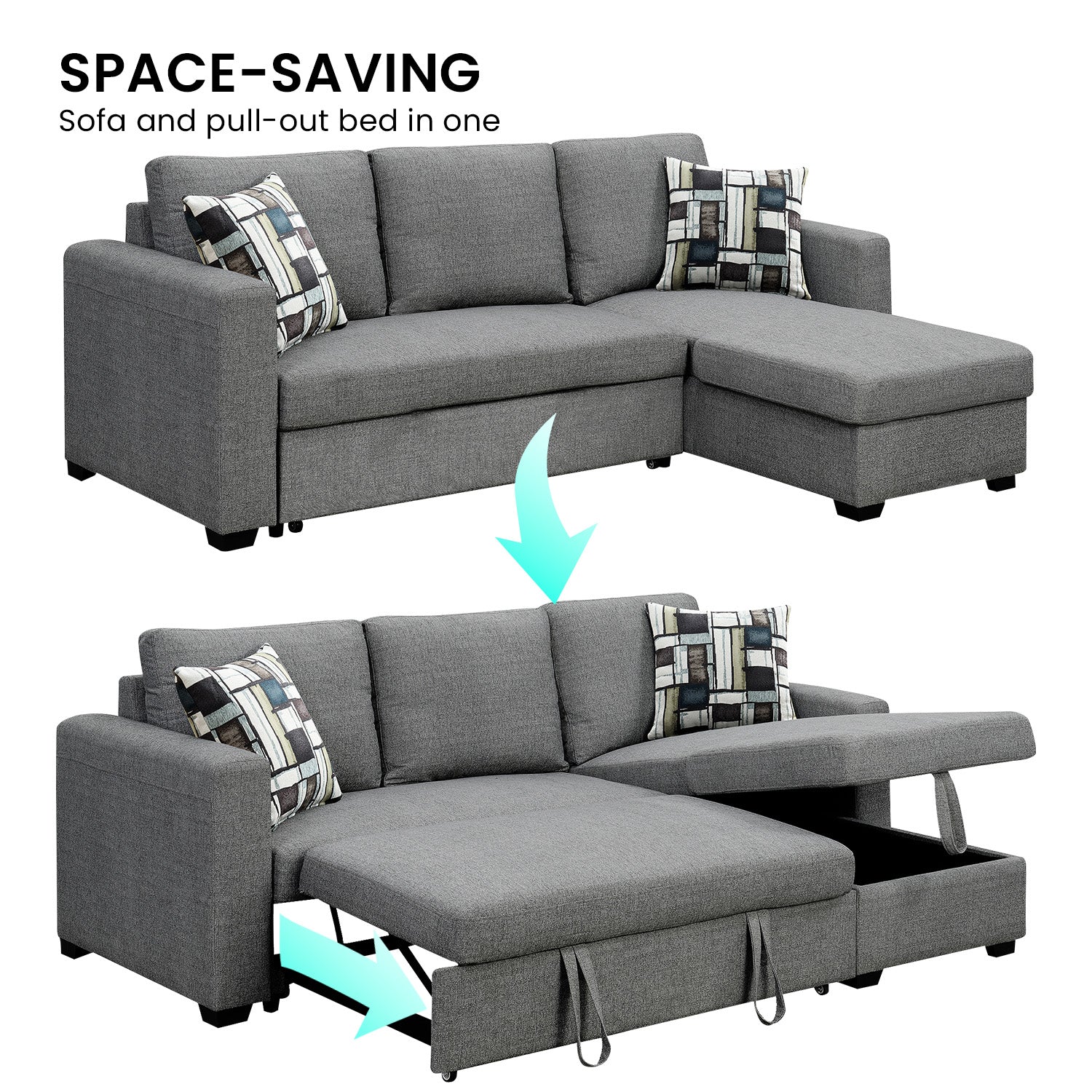 Sarantino Fontana Pullout Sofa Bed with Storage Chaise Lounge - Grey-Furniture > Sofas-PEROZ Accessories
