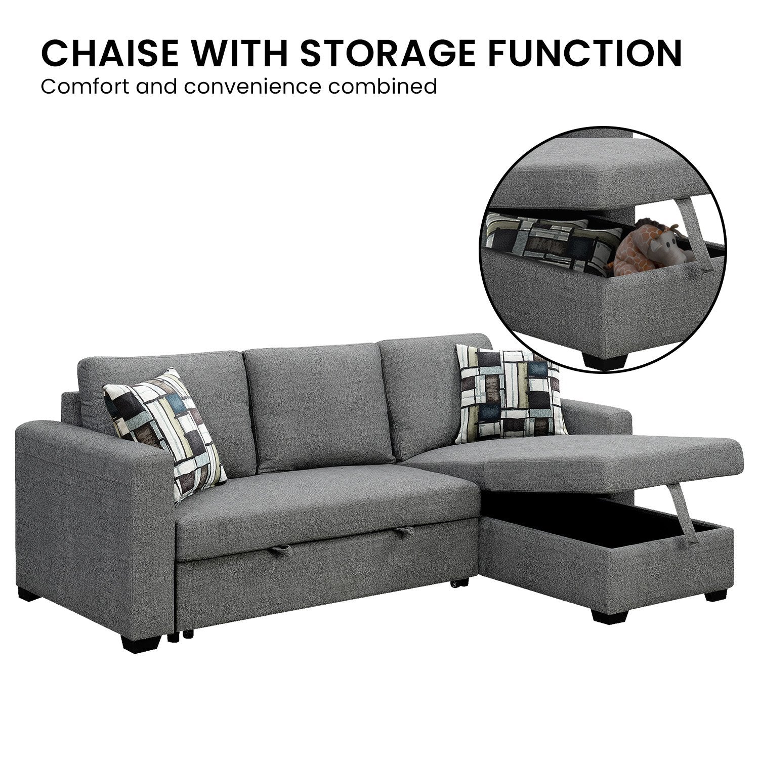 Sarantino Fontana Pullout Sofa Bed with Storage Chaise Lounge - Grey-Furniture > Sofas-PEROZ Accessories