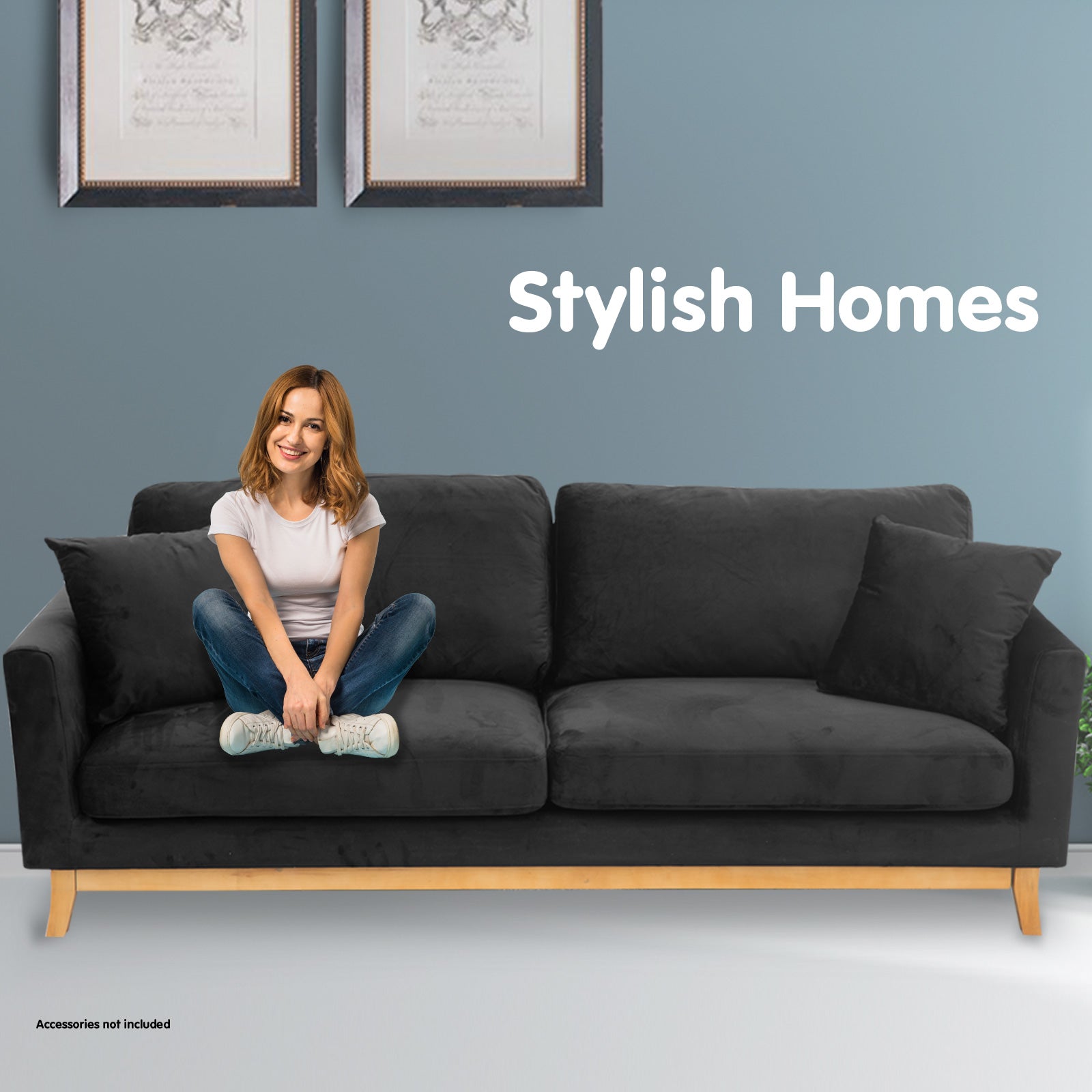 Sarantino 3 Seater Faux Velvet Wooden Sofa Bed Couch Furniture - Black-Furniture > Sofas-PEROZ Accessories