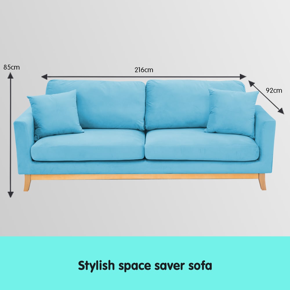 Sarantino 3 Seater Faux Velvet Wooden Sofa Bed Couch Furniture - Blue-Furniture > Sofas-PEROZ Accessories