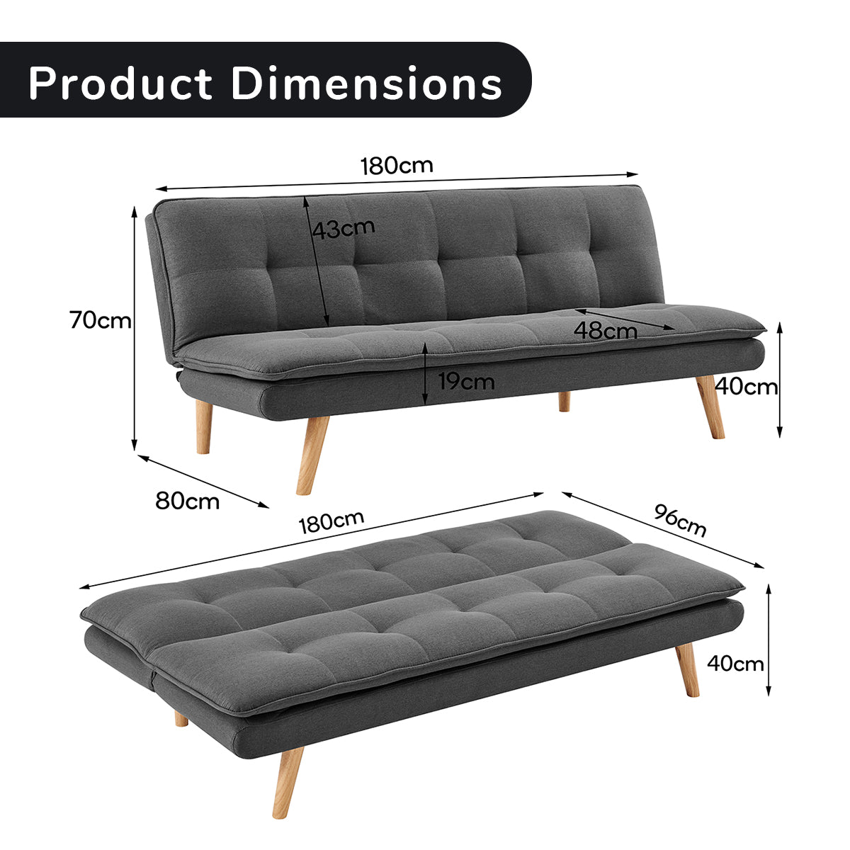 Sarantino 3 Seater Linen Sofa Bed Couch Lounge Futon - Dark Grey-Furniture > Sofas-PEROZ Accessories
