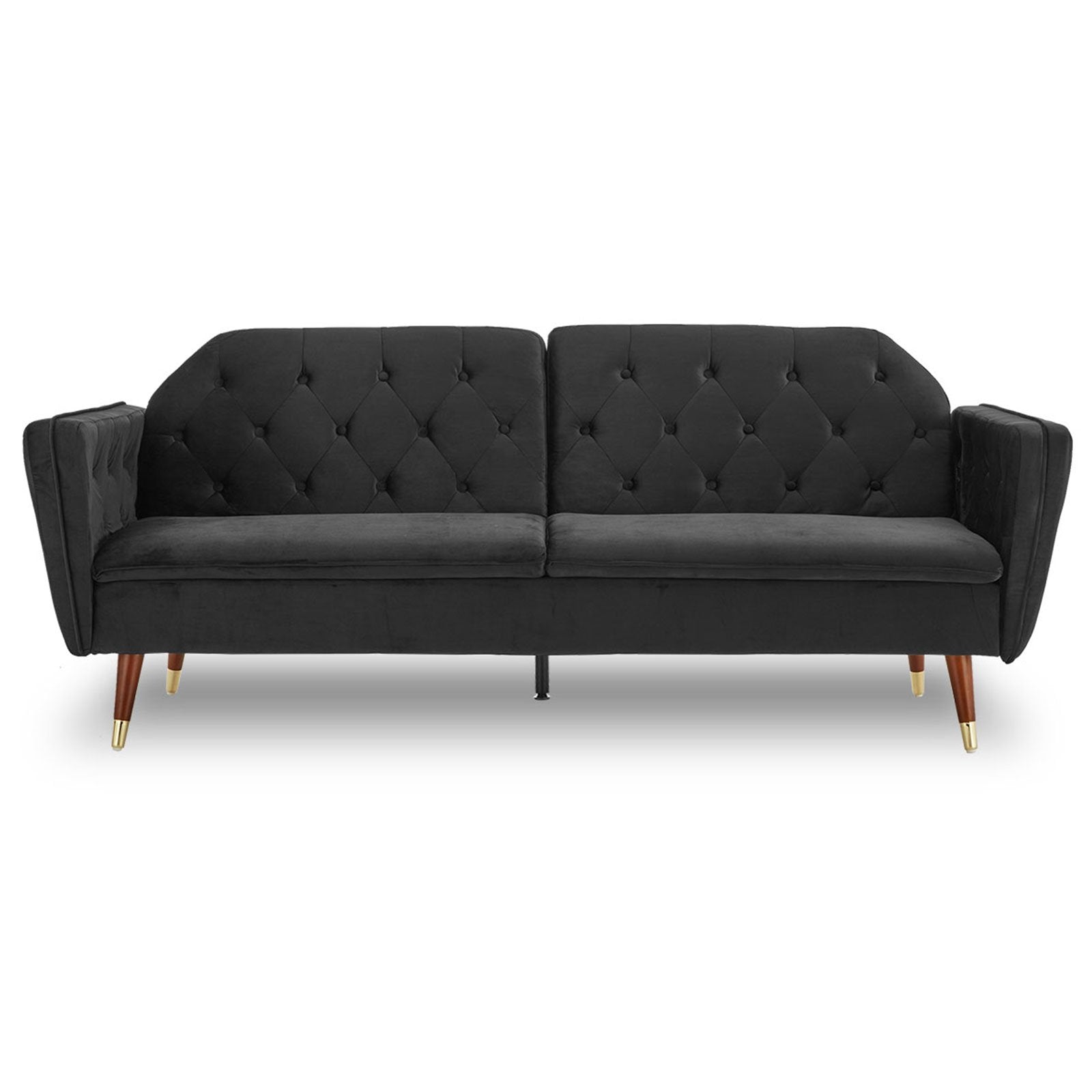 Sarantino Faux Velvet Tufted Sofa Bed Couch Futon - Black-Furniture > Sofas-PEROZ Accessories