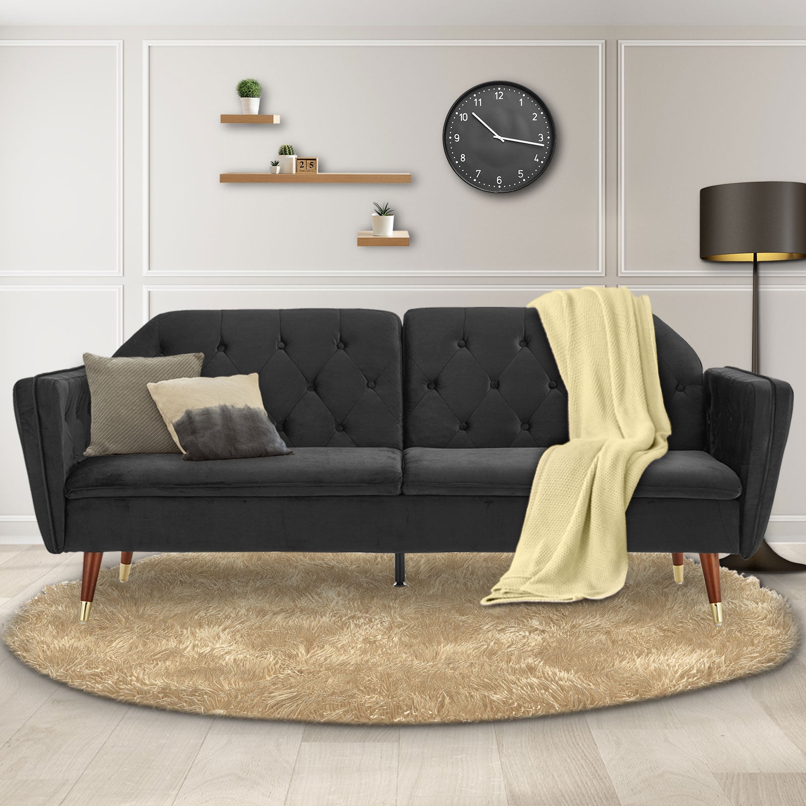 Sarantino Faux Velvet Tufted Sofa Bed Couch Futon - Black-Furniture > Sofas-PEROZ Accessories