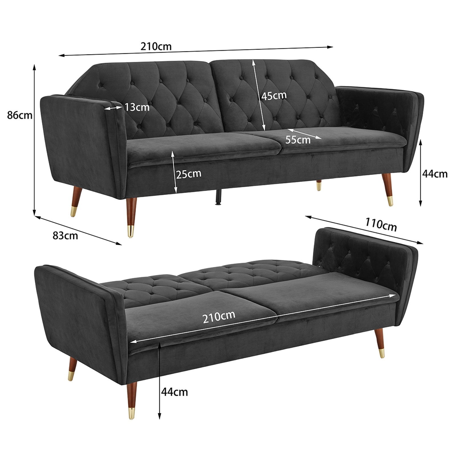 Sarantino Faux Velvet Tufted Sofa Bed Couch Futon - Black-Furniture > Sofas-PEROZ Accessories