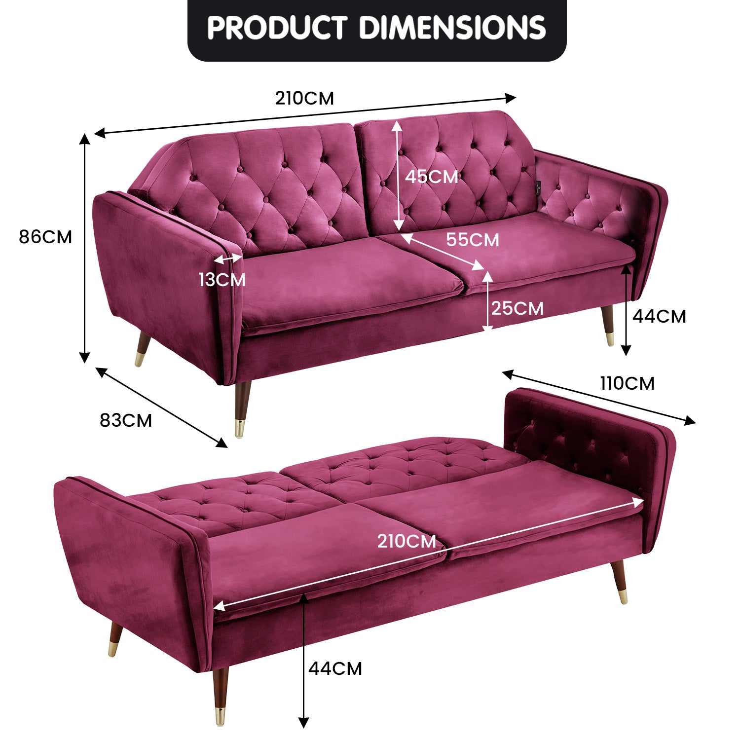 Sarantino Faux Velvet Tufted Sofa Bed Couch Futon - Burgundy-Furniture > Sofas-PEROZ Accessories