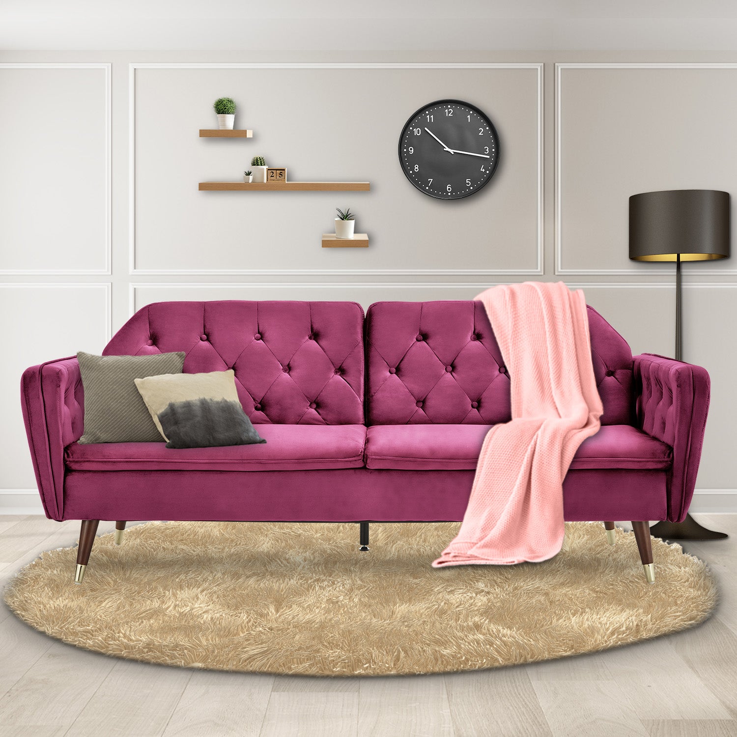 Sarantino Faux Velvet Tufted Sofa Bed Couch Futon - Burgundy-Furniture > Sofas-PEROZ Accessories