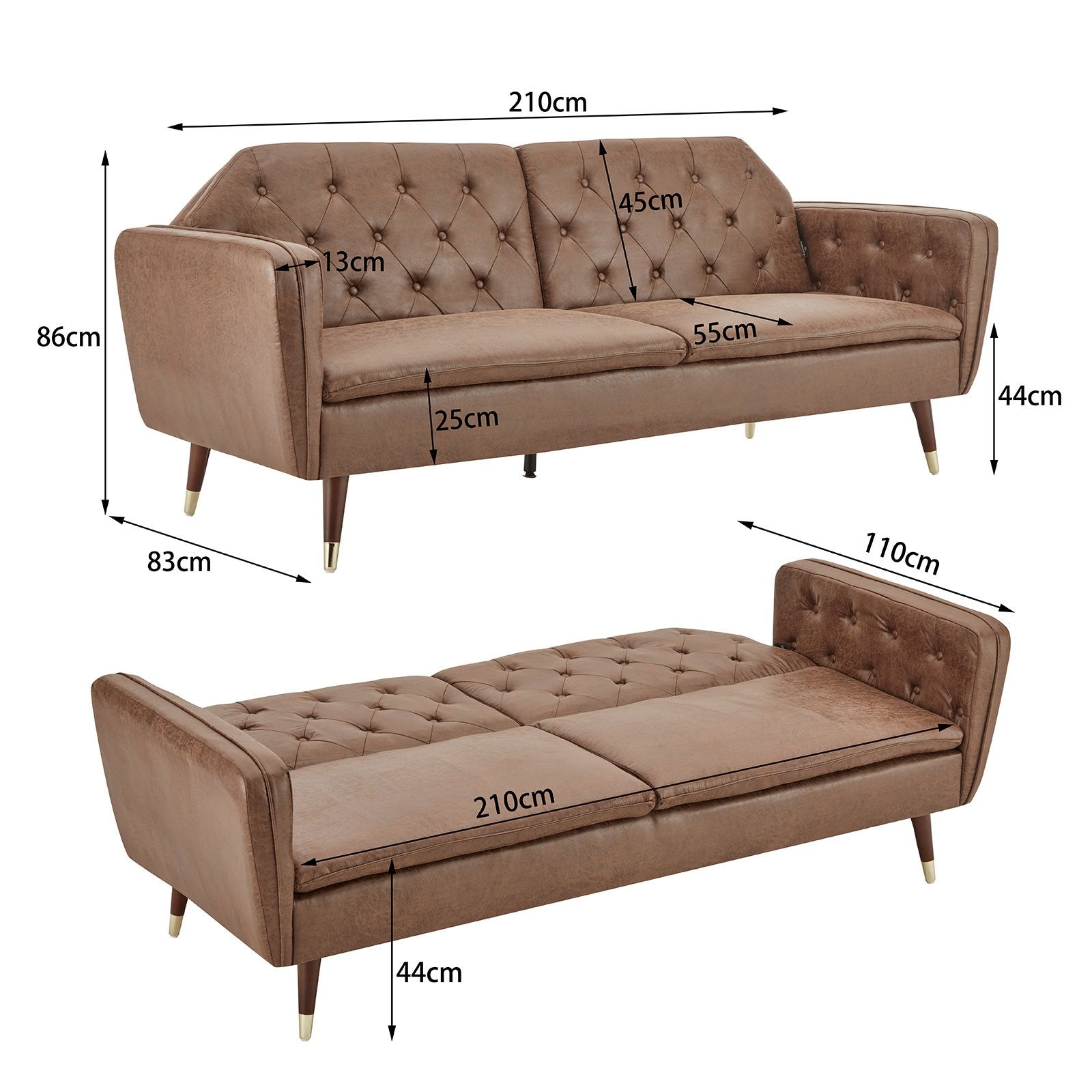Sarantino Faux Velvet Tufted Sofa Bed Couch Futon - Brown-Furniture > Sofas-PEROZ Accessories