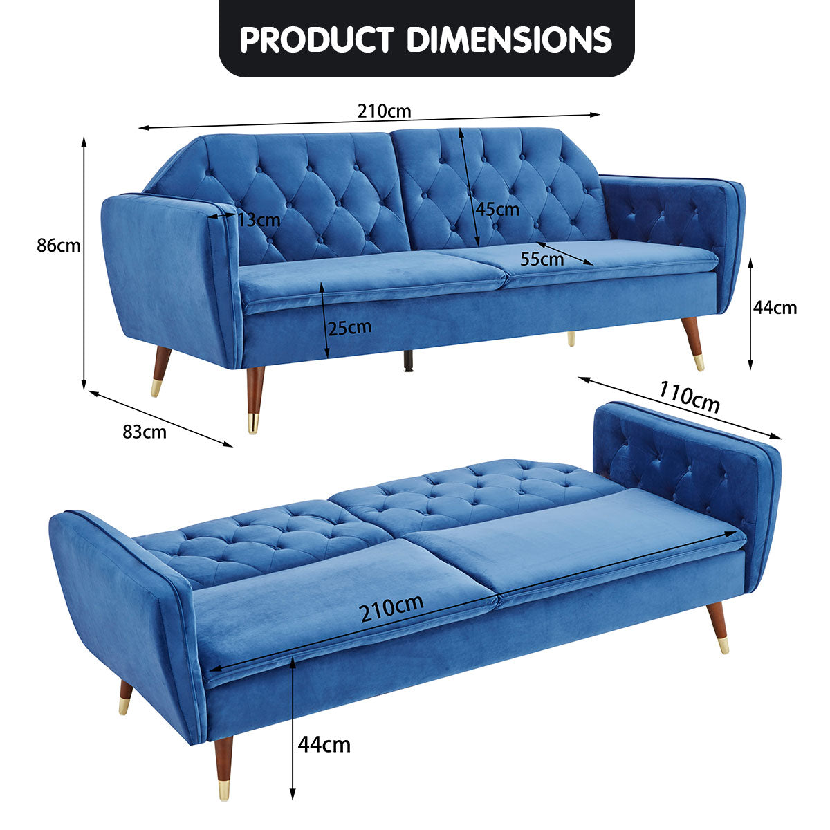 Sarantino Faux Velvet Sofa Bed Couch Furniture Lounge Suite Futon Blue-Furniture > Sofas-PEROZ Accessories
