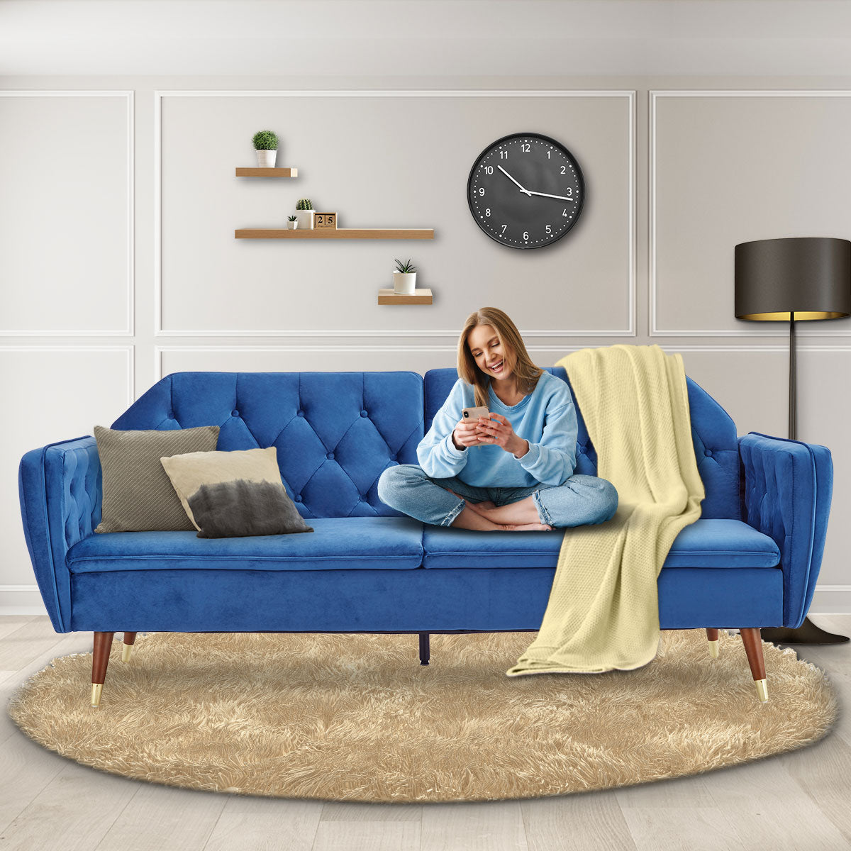 Sarantino Faux Velvet Sofa Bed Couch Furniture Lounge Suite Futon Blue-Furniture > Sofas-PEROZ Accessories