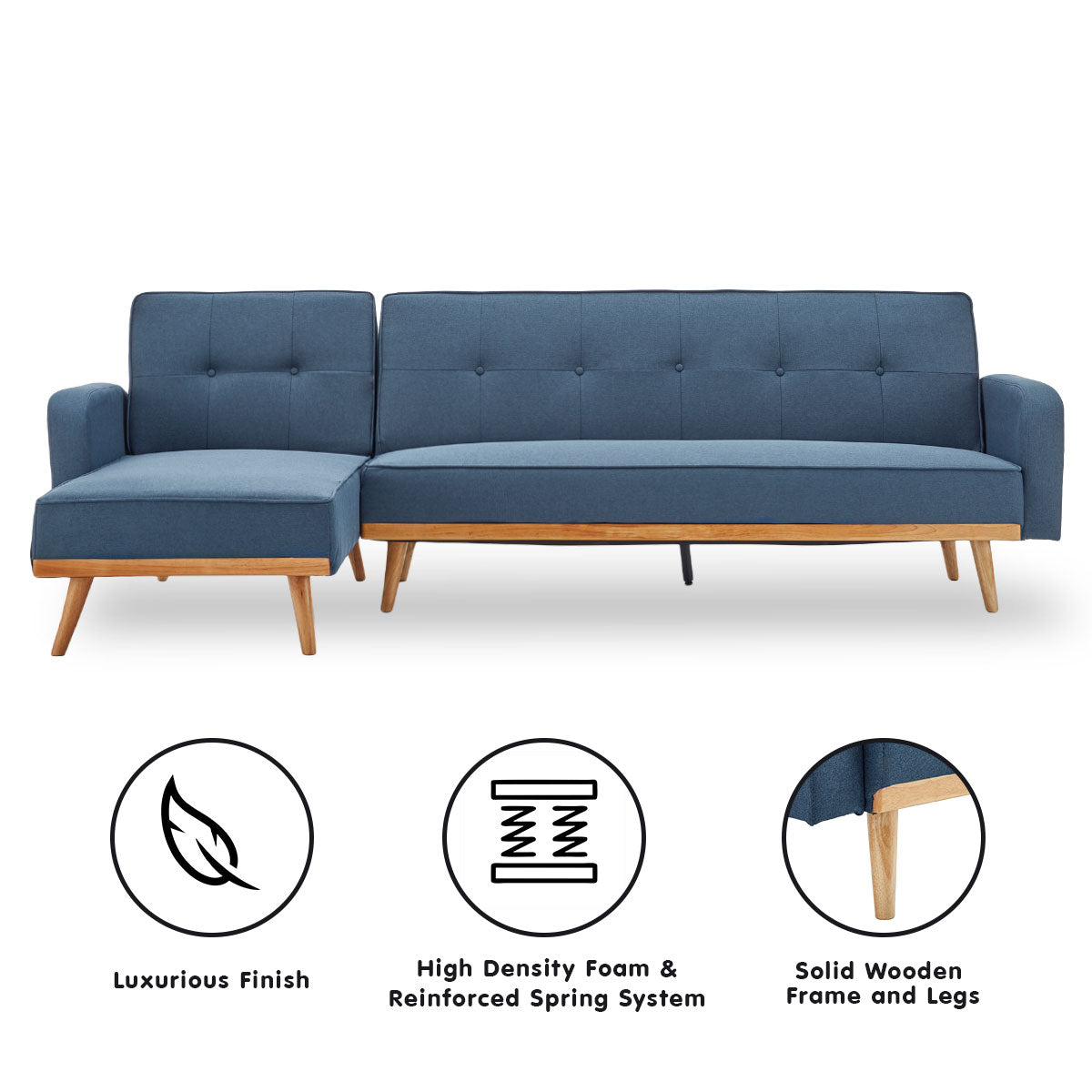 Sarantino 3-Seater Corner Sofa Bed with Chaise Lounge - Blue-Furniture > Sofas-PEROZ Accessories